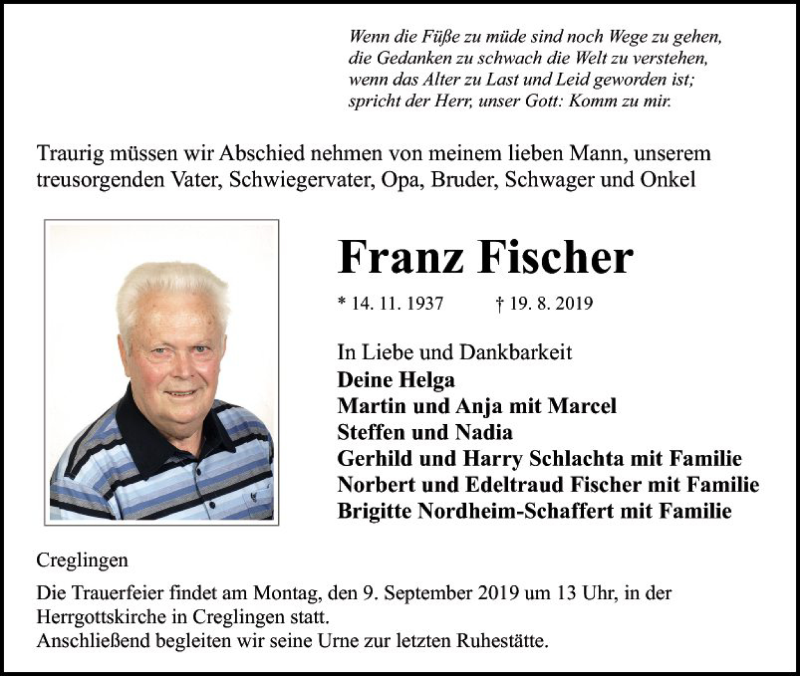  Traueranzeige für Franz Fischer vom 27.08.2019 aus Fränkische Nachrichten