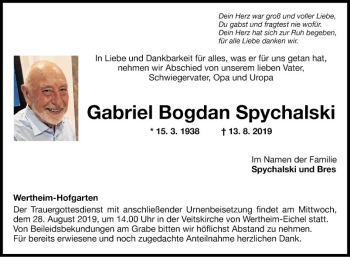 Traueranzeige von Gabriel Bogdan Spychalski von Fränkische Nachrichten