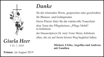 Traueranzeige von Gisela Heer von Fränkische Nachrichten