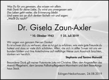 Traueranzeige von Gisela Zaun-Axler von Mannheimer Morgen