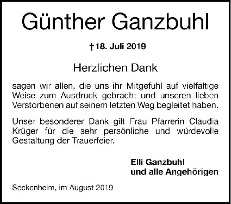  Traueranzeige für Günther Ganzbuhl vom 10.08.2019 aus Mannheimer Morgen