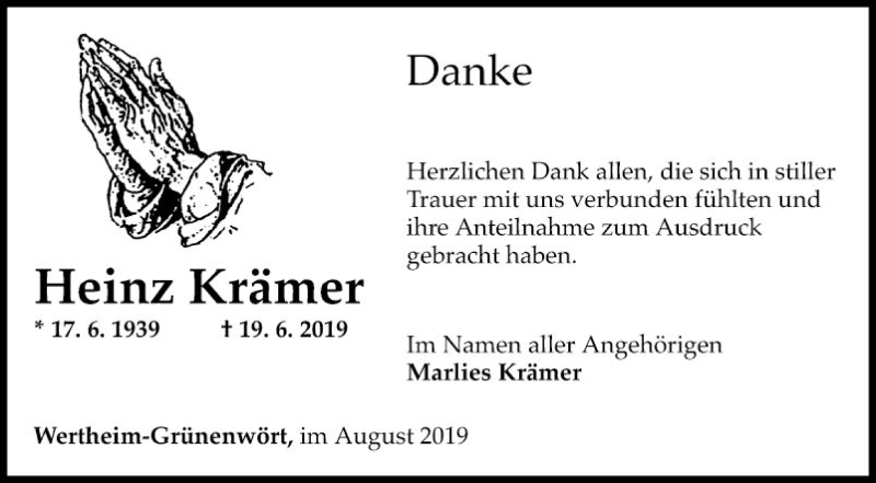  Traueranzeige für Heinz Krämer vom 19.08.2019 aus Fränkische Nachrichten