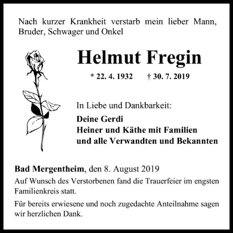  Traueranzeige für Helmut Fregin vom 08.08.2019 aus Fränkische Nachrichten