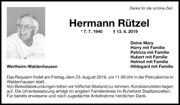 Traueranzeige von Hermann Rützel von Fränkische Nachrichten