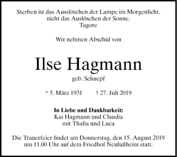 Traueranzeige von Ilse Hagmann von Schwetzinger Zeitung