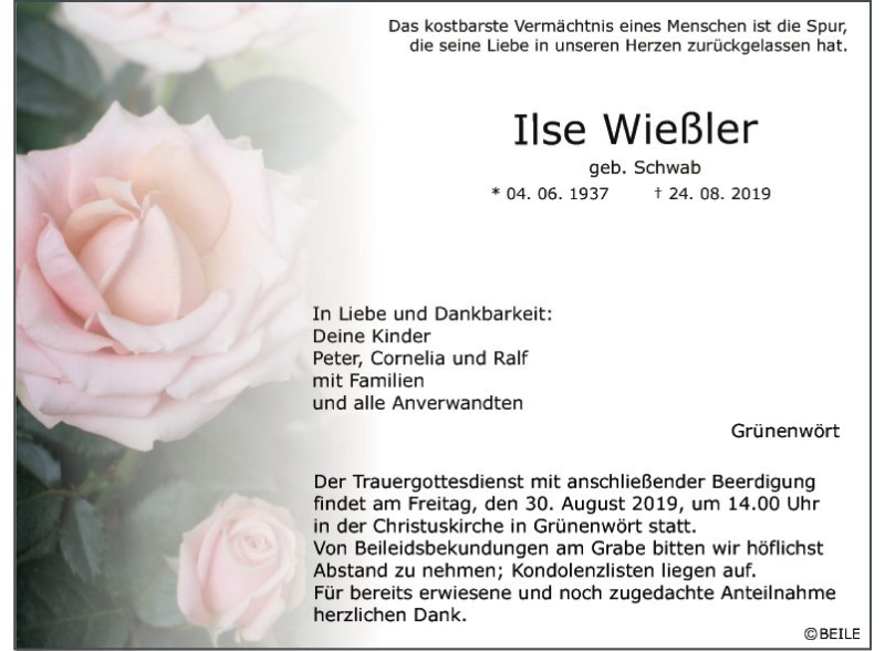  Traueranzeige für Ilse Wießler vom 28.08.2019 aus Fränkische Nachrichten