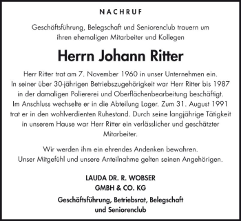 Traueranzeige von Johann Ritter von Fränkische Nachrichten