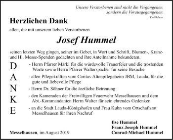 Traueranzeige von Josef Hummel von Fränkische Nachrichten