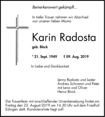 Traueranzeige von Karin Radosta von Mannheimer Morgen