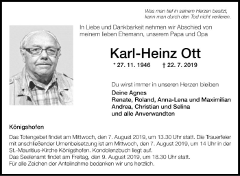 Traueranzeige von Karl-Heinz Ott von Fränkische Nachrichten
