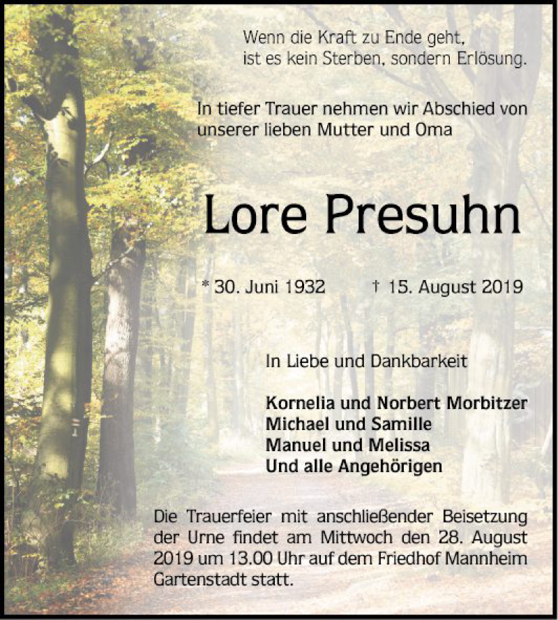  Traueranzeige für Lore Presuhn vom 24.08.2019 aus Mannheimer Morgen
