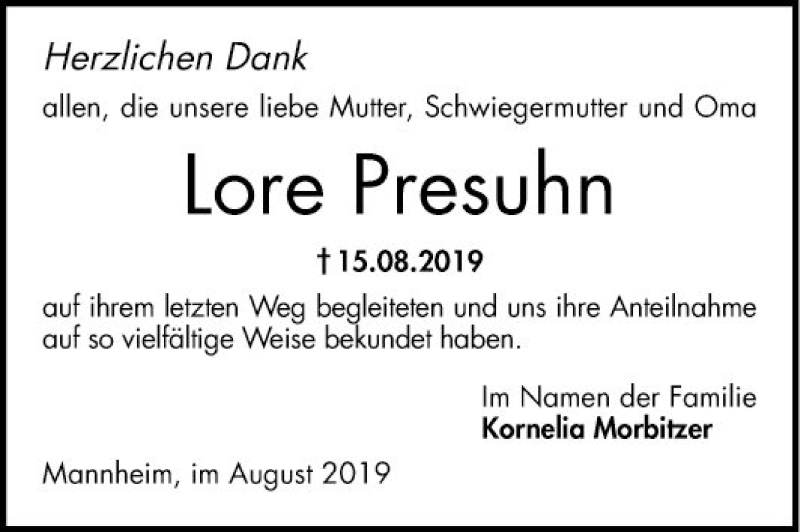  Traueranzeige für Lore Presuhn vom 31.08.2019 aus Mannheimer Morgen