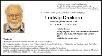 Traueranzeige von Ludwig Dreikorn von Fränkische Nachrichten