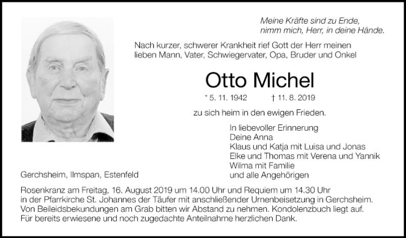  Traueranzeige für Otto Michel vom 14.08.2019 aus Fränkische Nachrichten