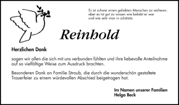 Traueranzeige von Reinhold Beck von Schwetzinger Zeitung