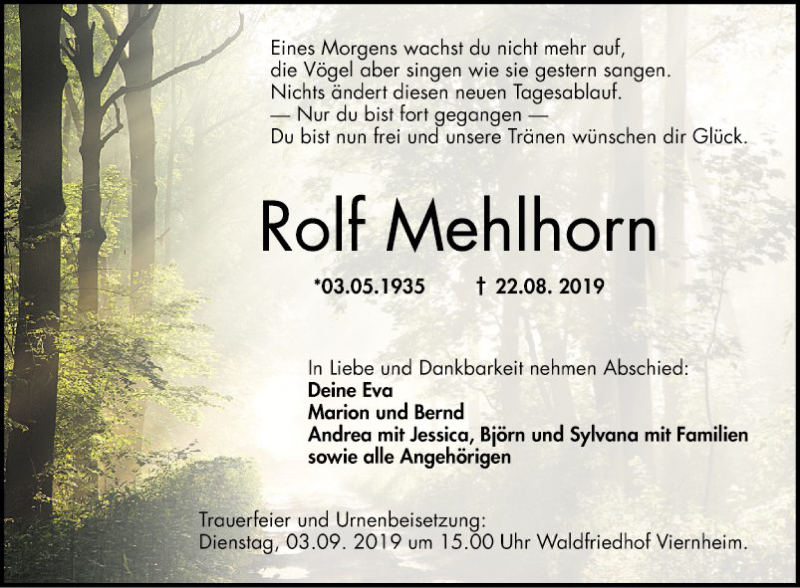  Traueranzeige für Rolf Mehlhorn vom 29.08.2019 aus Mannheimer Morgen