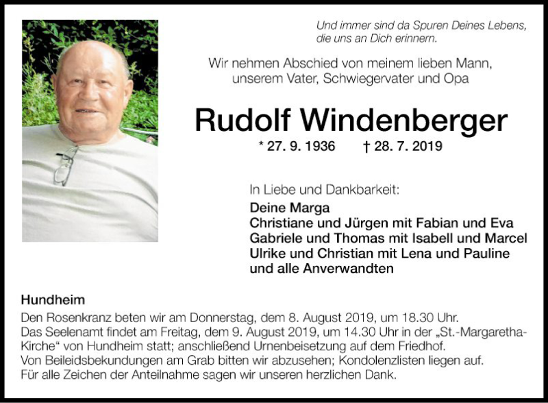  Traueranzeige für Rudolf Windenberger vom 02.08.2019 aus Fränkische Nachrichten
