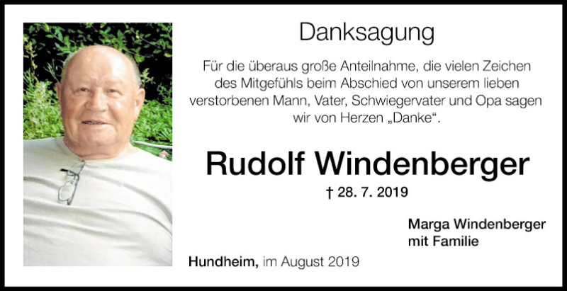 Traueranzeige für Rudolf Windenberger vom 31.08.2019 aus Fränkische Nachrichten