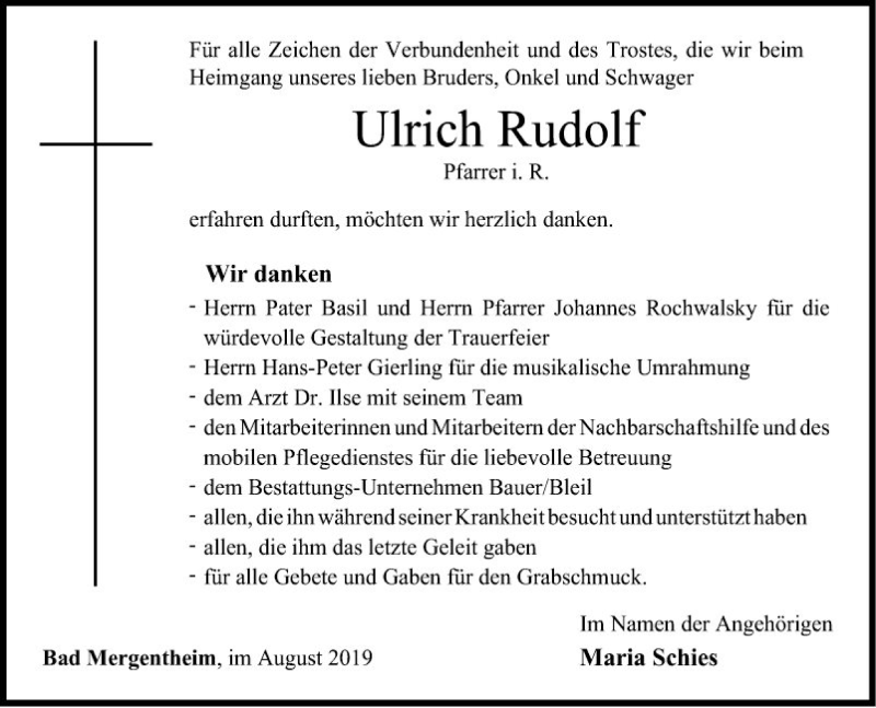  Traueranzeige für Ulrich Rudolf vom 13.08.2019 aus Fränkische Nachrichten