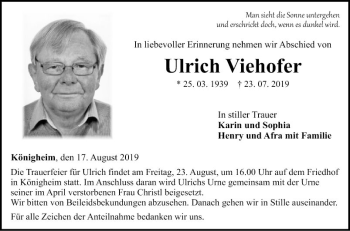 Traueranzeige von Ulrich Viehofer von Fränkische Nachrichten