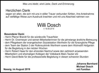 Traueranzeige von Willi Dosch von Fränkische Nachrichten