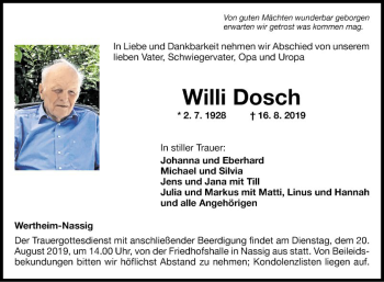 Traueranzeige von Willi Dosch von Fränkische Nachrichten