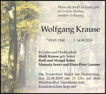 Traueranzeige von Wolfgang Krause von Südhessen Morgen