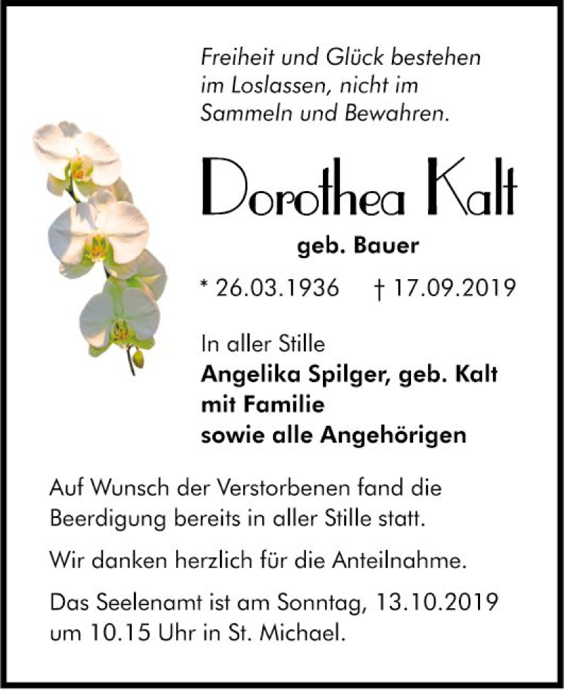  Traueranzeige für Dorothea Kalt vom 28.09.2019 aus Südhessen Morgen