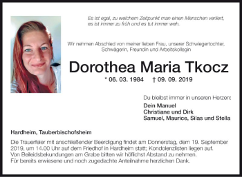 Traueranzeige von Dorothea Maria Tkocz 