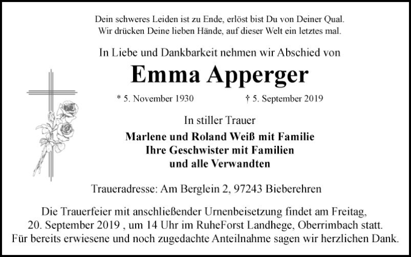  Traueranzeige für Emma Apperger vom 17.09.2019 aus Fränkische Nachrichten