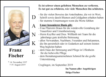 Traueranzeige von Franz Fischer 