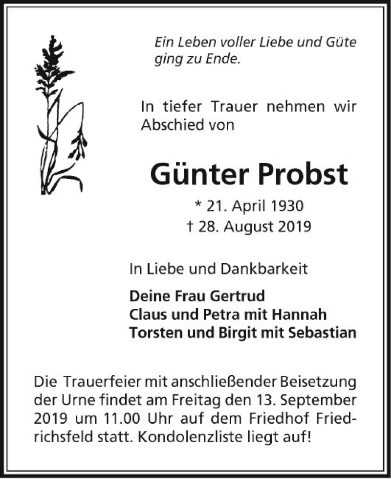  Traueranzeige für Günter Probst vom 07.09.2019 aus Mannheimer Morgen