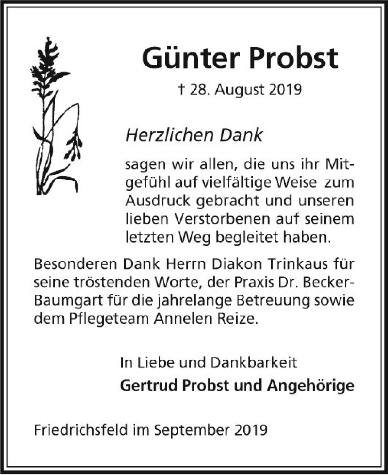  Traueranzeige für Günter Probst vom 28.09.2019 aus Mannheimer Morgen