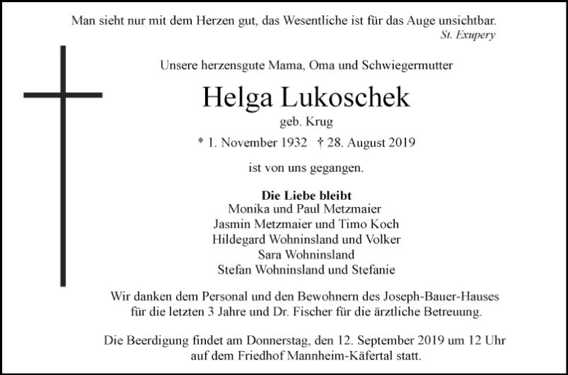  Traueranzeige für Helga Lukoschek vom 07.09.2019 aus Mannheimer Morgen