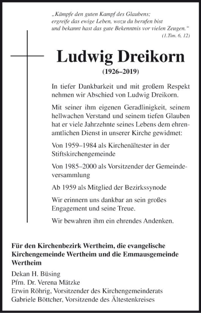  Traueranzeige für Ludwig Dreikorn vom 07.09.2019 aus Fränkische Nachrichten