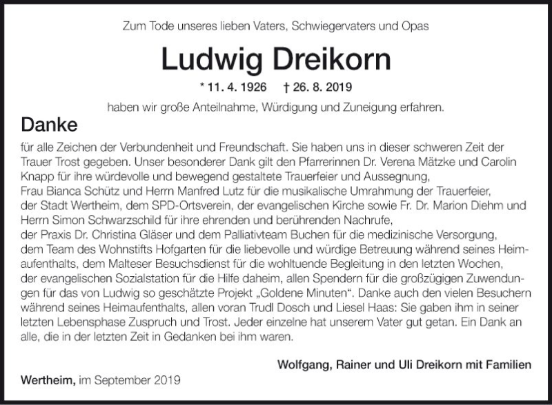 Traueranzeige für Ludwig Dreikorn vom 28.09.2019 aus Fränkische Nachrichten