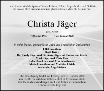 Traueranzeige von Christa Jäger von Südhessen Morgen