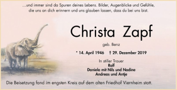 Traueranzeige von Christa Zapf von Mannheimer Morgen