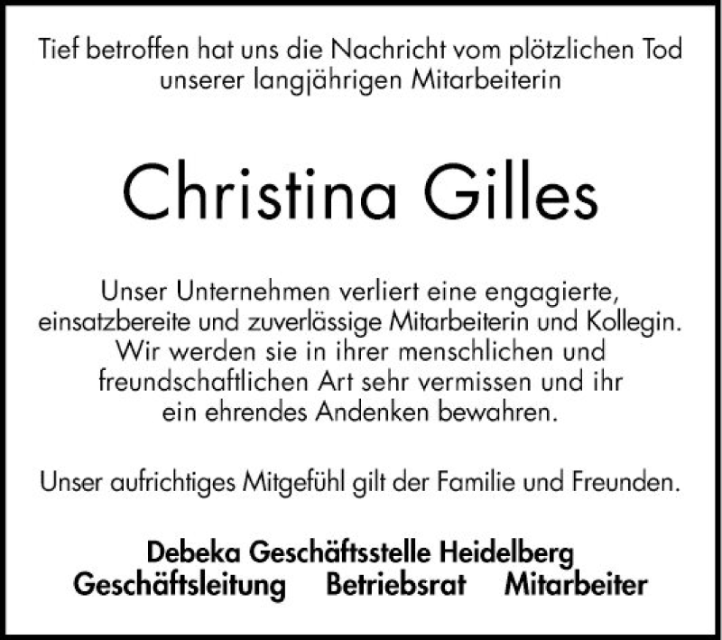  Traueranzeige für Christina Gilles vom 18.01.2020 aus Schwetzinger Zeitung