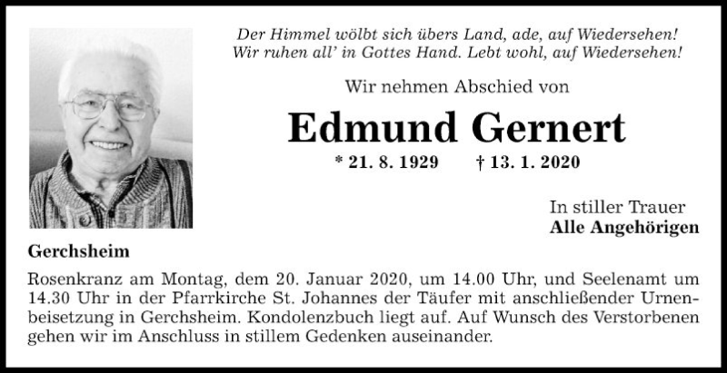  Traueranzeige für Edmund Gernert vom 16.01.2020 aus Fränkische Nachrichten