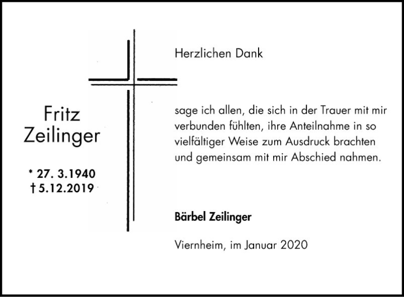  Traueranzeige für Fritz Zeilinger vom 25.01.2020 aus Südhessen Morgen