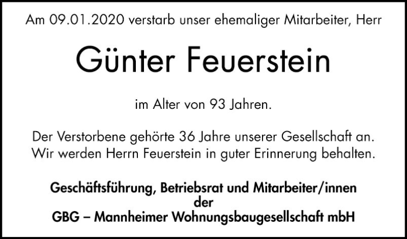  Traueranzeige für Günter Feuerstein vom 14.01.2020 aus Mannheimer Morgen