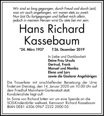Traueranzeige von Hans Richard Kassebaum von Mannheimer Morgen