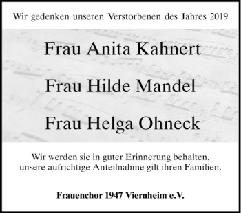 Traueranzeige von Helga Ohneck von Mannheimer Morgen