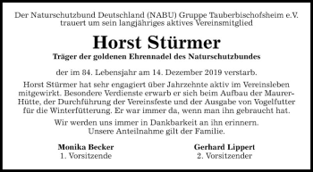 Traueranzeige von Horst Stürmer von Fränkische Nachrichten