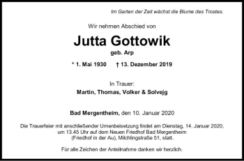 Traueranzeige von Jutta Gottowik von Fränkische Nachrichten