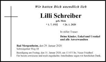 Traueranzeige von Lilli Schreiber von Fränkische Nachrichten