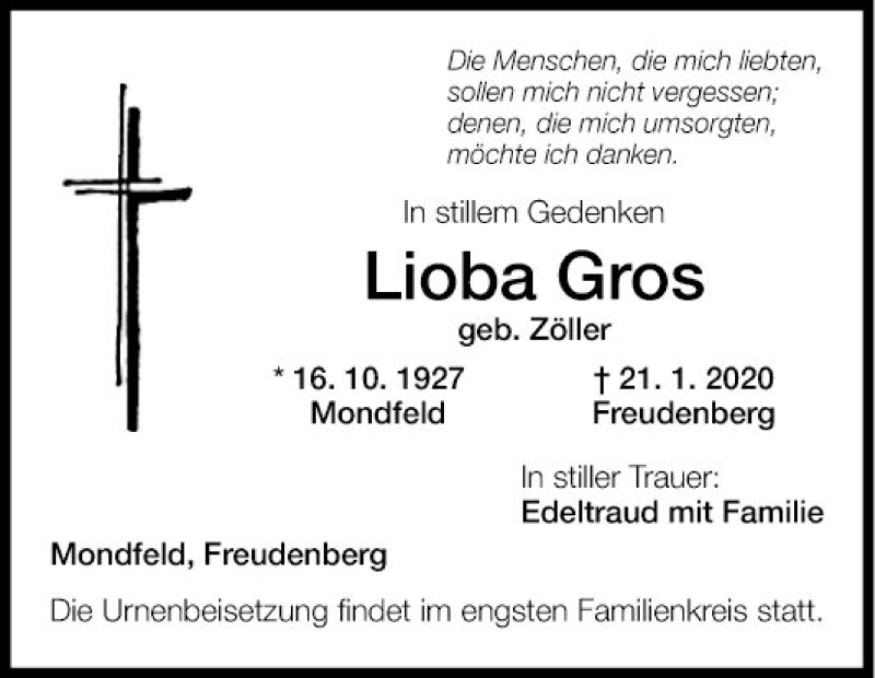  Traueranzeige für Lioba Gros vom 24.01.2020 aus Fränkische Nachrichten
