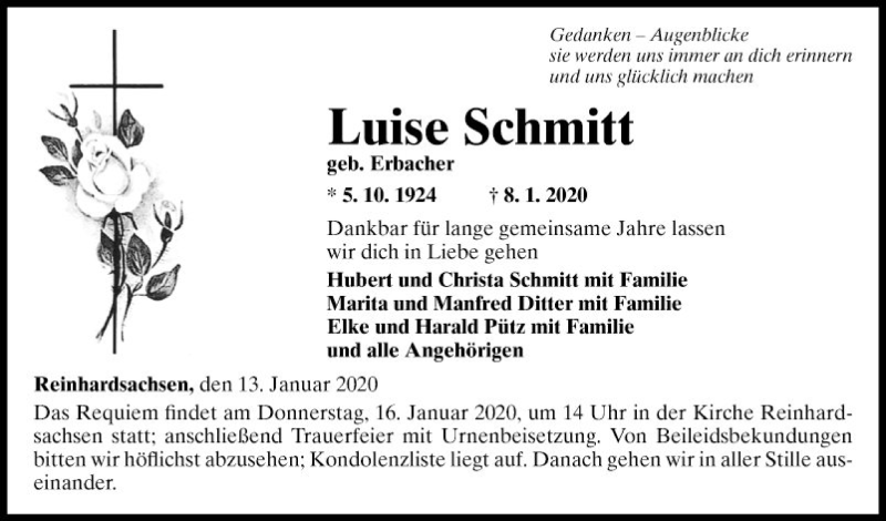  Traueranzeige für Luise Schmitt vom 13.01.2020 aus Fränkische Nachrichten
