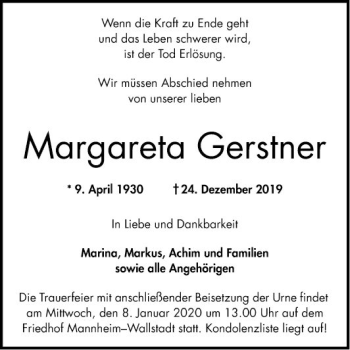 Traueranzeige von Margareta Gerstner von Mannheimer Morgen